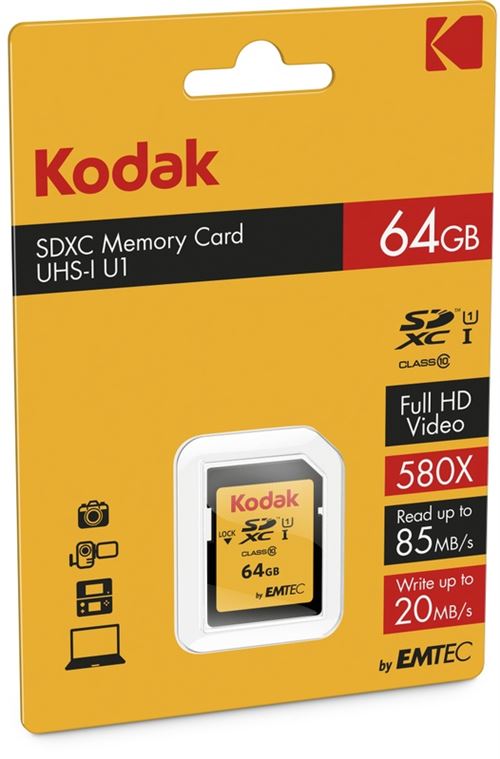 Kodak - Carte mémoire flash - 64 Go - UHS-I U1 / Class10 - 580x - SDXC UHS-I