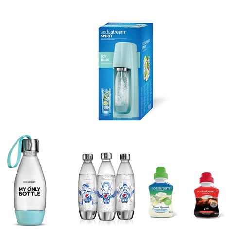 Megapack Sodastream Machine à soda Spirit Bleu Pastel avec un lot de 3 bouteilles UEFA Argent et 1 bouteille style 0,5L et Concentré Saveur Cola et Limonade 500 ml