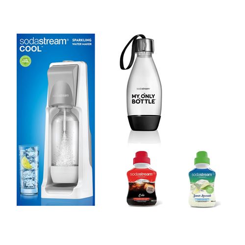 Pack Sodastream Machine à soda Cool Titan Blanc avec Bouteille style Noir 0,5L et Concentré Saveur Cola et Limonade 500 ml