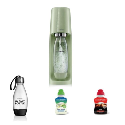 Pack Sodastream Machine à soda Spirit Vert avec Bouteille style Noir 0,5L et Concentrés Saveur Cola et Limonade 500 ml
