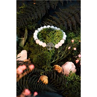 Bracelet Perles rondes 8 mm Quartz Rose et Aigue-Marine Charm Arbre de vie