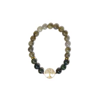 Bracelet Perles rondes 8 mm Agate Mousse et Labradorite Charm Arbre de vie