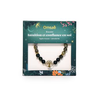 Bracelet Perles rondes 8 mm Agate Mousse et Labradorite Charm Arbre de vie