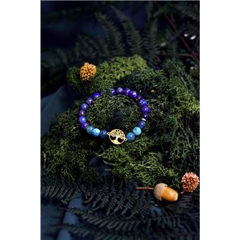 Bracelet Perles rondes 8 mm Lapis-Lazuli et Apatite Charm Arbre de vie