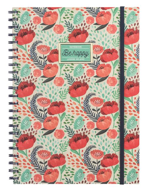 Exacompta - Réf GS039Z Cahier à spirales avec couverture motif fleurs et abeilles, 100 pages lignées, format A5 avec le même motif que la couverture sur chaque page en gris clair, reliure