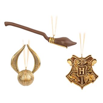 Set de 3 décorations de Noël Harry Potter Vif d'or, Nimbus 2000 et Emblème Poudlard