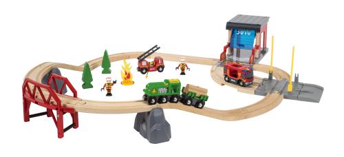 BRIO World – Caserne De Pompiers 33833 – 2 Niveaux, Véhicule Son Et Lumière, 12 Pièces – Circuit Train En Bois, Dès 3 Ans
