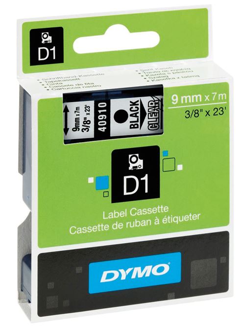 DYMO D1 - Auto-adhésif - noir sur transparent - Rouleau (0,9 cm x 7 m) 1 cassette(s) bande d'étiquettes - pour LabelMANAGER 100, 160, 210, 220, 260, 280, 300, 360, 420, Wireless PnP; LabelPOINT 250