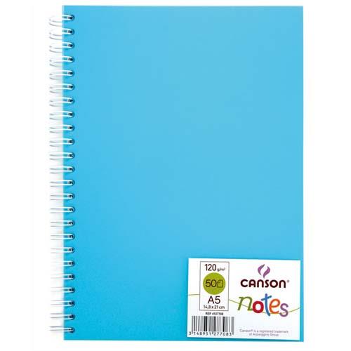 Canson Carnet de 50 feuilles notes et dessin format A5 120g spiralé  couverture polypro Bleu