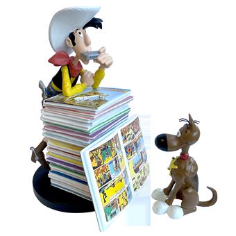 Figurine de collection Lucky Luke et Rantanplan pile d'albums