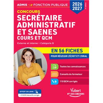 Concours Secrétaire administratif et SAENES - Catégorie B - Cours et QCM en 56 fiches