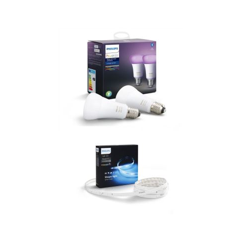 Pack de 2 ampoules connectées Philips Hue White and color ambiance Duobox E27 + Ruban lumineux Philips Hue Lighstrip Plus 2 m