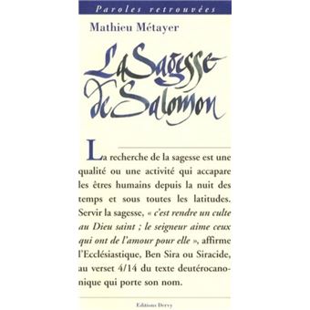 La sagesse de Salomon broch Mathieu M tayer Livre tous les