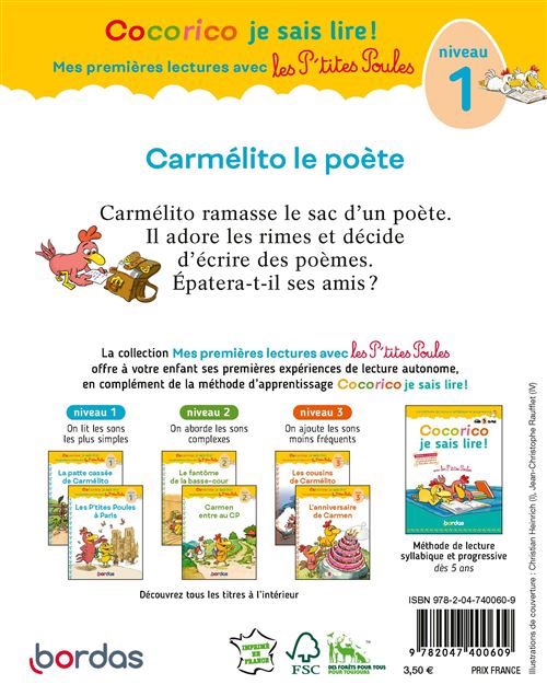 Cocorico Je sais lire ! Mes premières lectures avec les P'tites Poules -  Carmen entre au CP, niveau 2 * Livre parascolaire