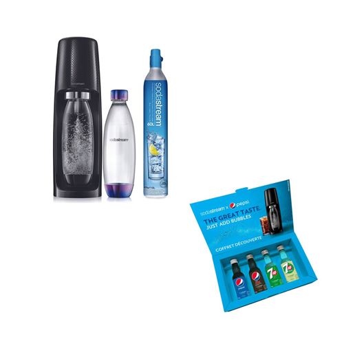 Machine à soda et eau gazeuse Sodastream Spirit Néon Grandient Noir + Coffret découverte Sodastream de 4 saveurs Pepsi
