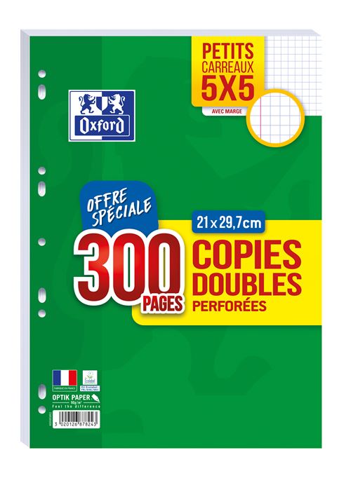 Sachet de 200 pages copies doubles grand format A4 petits carreaux 5x5 90g  perforées