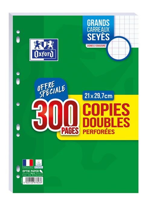 OXFORD Feuilles Simples A4 Grands Carreaux Seyès 200 Pages Etui Carte Rouge  Coloris Assortis