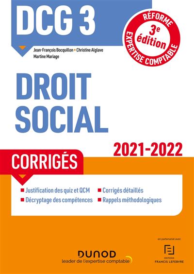 DCG 3 Droit social - Corrigés - 2021-2022 - Jean-François Bocquillon - broché