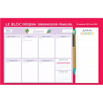 Mémoniak : Le Bloc mensuel organiseur familial Mémoniak 2024, calendrier 12  mois (sept. 2023- août 2024) - Éditions 365