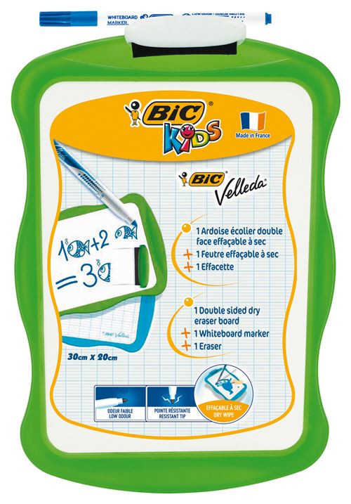 Ardoise effaçable Bic Velleda double face + Feutre bleu