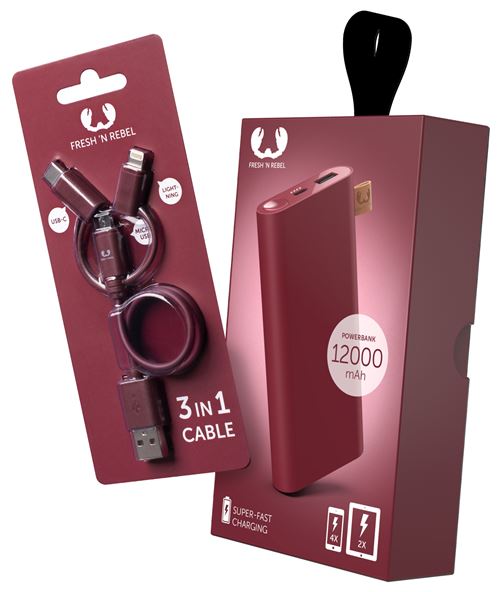 FRESH 'N REBEL POWERBANK 12.000mAh + 3IN1 CABEL RUBY