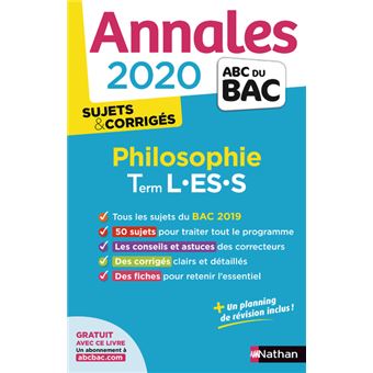 Annales Bac 2020 Philosophie Term L-ES-S - Sujets & corrigés