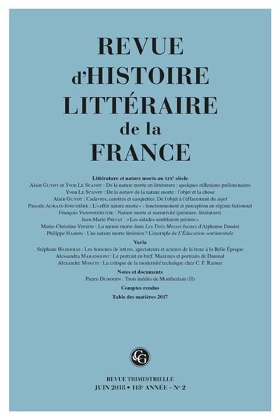 Revue d'histoire littéraire de la france 2 - 2018, 118e année - varia