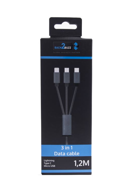 B2B CABLE NYL 3IN1 IPHONE 5/6/7+USB-C+MICRO USB BLACK
