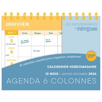 Calendrier hebdomadaire janvier-décembre 2026 - Agenda 6 colonnes