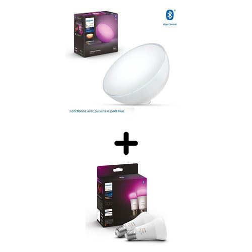Pack lampe nomade connectée Philips Hue Go Led + Pack de 2 ampoules connectées White et Color Ambiance E27 75W Blanc