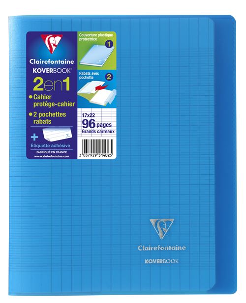 Cahier de 96 pages A5 Seyès Clairefontaine Koverbook 17 x 22 cm Bleu