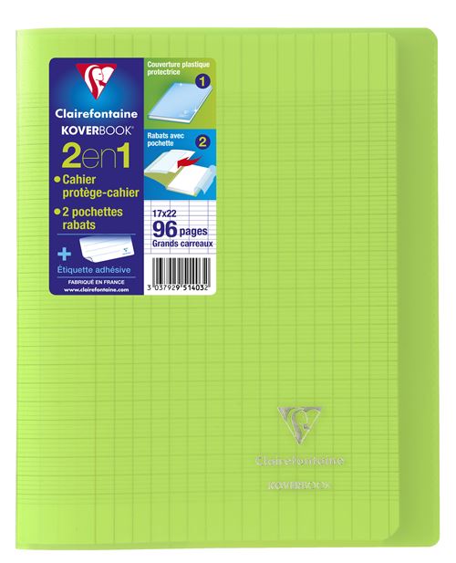 Cahier de 96 pages A5 Seyès Clairefontaine Koverbook 17 x 22 cm Vert