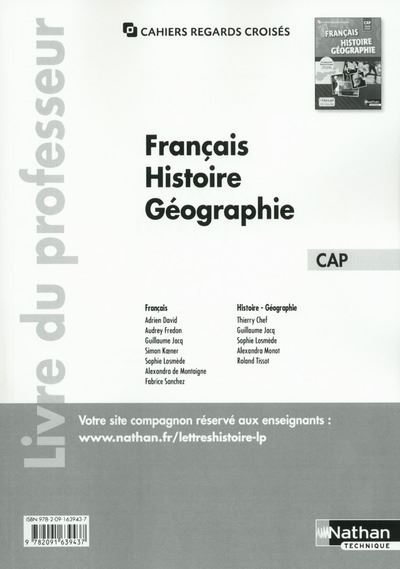 Français Histoire-Géographie Tome unique CAP Cahiers regards croisés CAP Livre du professeur