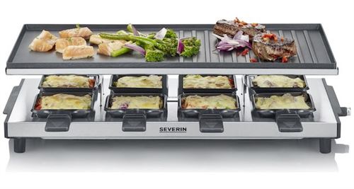 SEVERIN RG 2375 Appareil à Raclette-Gril 8 Personnes 1700W – Plaque Fonte Anti-Adhésive Lisse/Rainurée 48,5x24 Cm, Noir/Inox