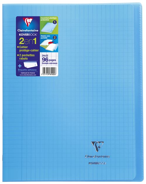 Cahier de 96 pages A5 Seyès Clairefontaine Koverbook 24 x 32 cm Bleu