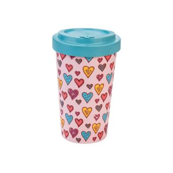 Mug isotherme en bambou Woodway motifs cœurs turquoise