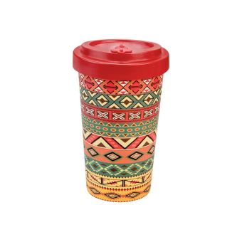 Mug en bamboo Woodway motifs aztèques orange et rouge