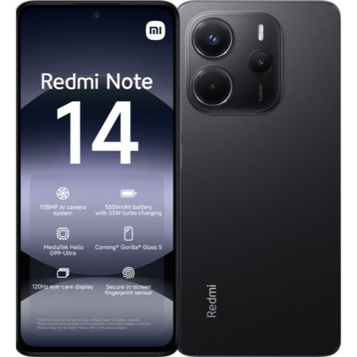 Xiaomi Redmi Note 14 - 4G smartphone - double SIM - RAM 6 Go / Mémoire interne 128 Go - microSD slot - écran OEL - 6.67 - 2400 x 1080 pixels (120 Hz) - 3 x caméras arrière 108 MP, 2 MP, 2 MP - front camera 20 MP - noir minuit