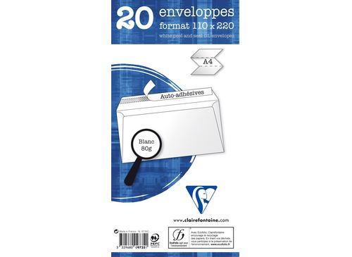 Enveloppes auto. adh. 110x220 80g. - Clairefontaine