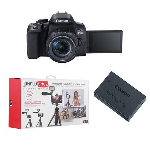 Pack Appareil photo reflex Canon EOS 850D + EF-S 18-55mm f/4-5,6 IS STM + Pack Vlogger Vidéo + 2ème batterie Canon LP-E17