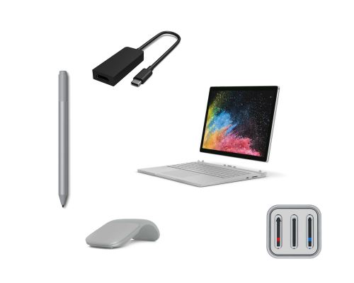 PC Hybride Microsoft Surface Book 2 13.5 Tactile Intel Core i5 8 Go RAM 256 Go SSD + Stylet Platine + Souris Arc Platine + Adaptateur USB Type-C vers HDMI + Kit de mines pour Stylet