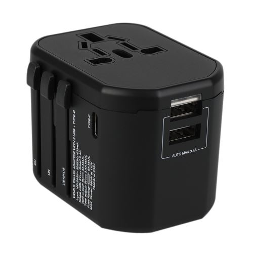 B2B Economic Worldwide Travel Charger Adapter + 2X USB Black