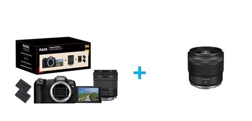 Pack Fnac Appareil photo hybride Canon EOS R8 + RF 24-105mm f/4-7,1 IS STM + 2ème batterie + Objectif Hybride Canon RF 45mm F1.2 STM Noir