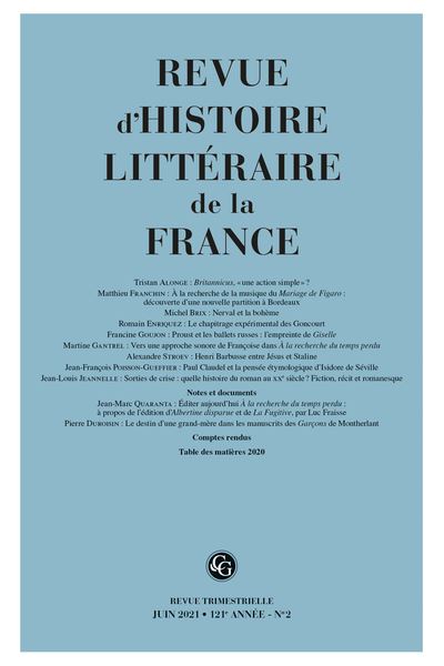 Revue d'Histoire litteraire de la France Juin 2021 - Ala