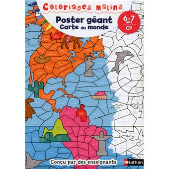 Poster géant  Carte du monde CP  Coloriages malins 6/7 ANS Poster