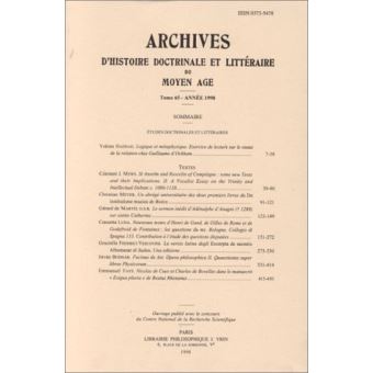 Archives D'Histoire Litteraire Et Doctrinale Du Moyen-Age LXV - 1998 ...