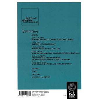 Bulletin de Littérature Ecclésiastique n°493 CXXIV/1 (janvier-mars 2023)