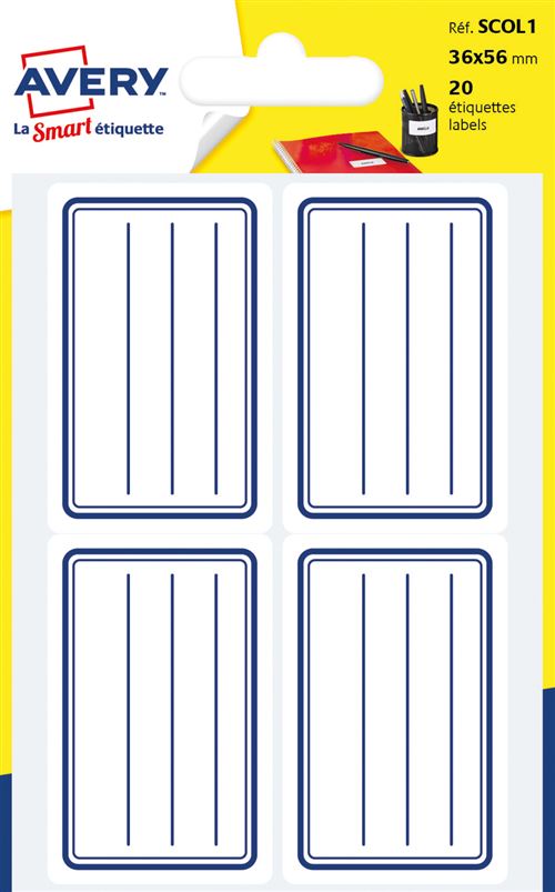 Sachet De 20 Étiquettes Scolaires Avery Bleu Et Blanc
