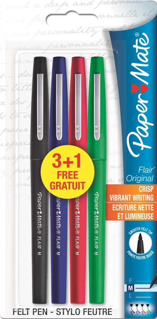 Pack de 3+1 stylos feutres d’écriture en nylon Paper Mate Flair Original