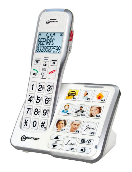 Geemarc AMPLIDECT 595 PHOTO Schnurloses Seniorentelefon Anrufbeantworter, Foto-Tasten Beleuchtetes Display Weiß